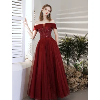 Chic Belle Bordeaux Robe De Bal 2021 Princesse De L 039 Épaule Perlage Cristal Paillettes Manches Courtes Dos Nu Longue Promo Robe De Ceremonie
