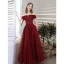 Chic / Beautiful Burgundy Prom Dresses 2021 A-Line / Princess Off-The-Shoulder Beading Crystal Sequins Short Sleeve Backless Floor-Length / Long Prom Formal Dresses