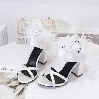 Unusual Ivory Feather Prom Womens Sandals 2021 Ankle Strap 10 Cm Thick Heels Open Peep Toe Sandals High Heels