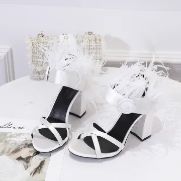 Inhabituel Ivoire Plumes Promo Sandales Femme 2021 Bride Cheville 10 Cm Talons Épais Peep Toes Bout Ouvert Sandales Talons Hauts