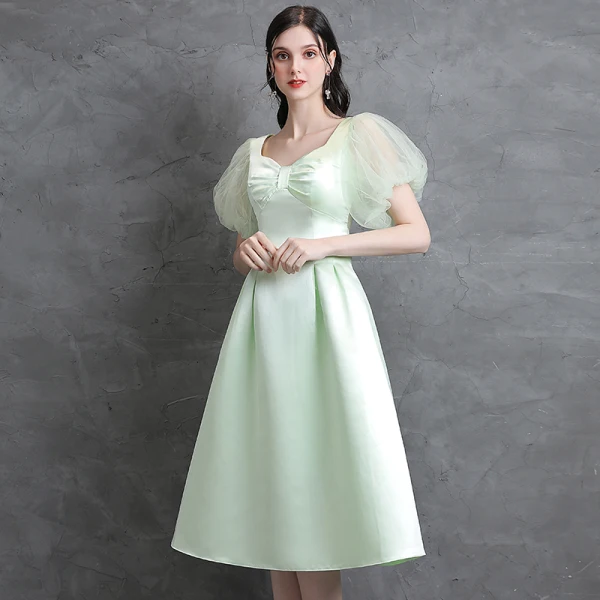 light green tea length dress Tea Length Off-the-shoulder Satin Dress – Lisposa main image 0