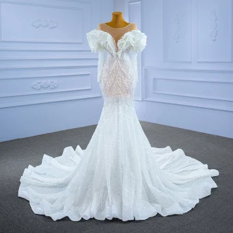 Luxe Ivoire Robe De Mariée 2021 Trompette Sirène Perlage Perle Faux Diamant Paillettes Encolure Dégagée Manches Longues Chapel Train Mariage