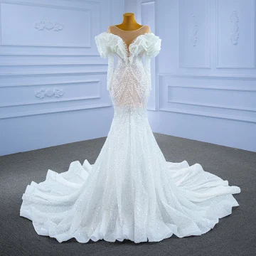 Luxury Gorgeous Ivory Wedding Dresses 2021 Trumpet Mermaid Beading Pearl Rhinestone Sequins Scoop Neck Long Sleeve Chapel Train Wedding