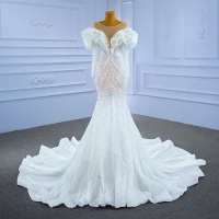 Luxury / Gorgeous Ivory Wedding Dresses 2021 Trumpet / Mermaid Beading Pearl Rhinestone Sequins Scoop Neck Long Sleeve Chapel Train Wedding
