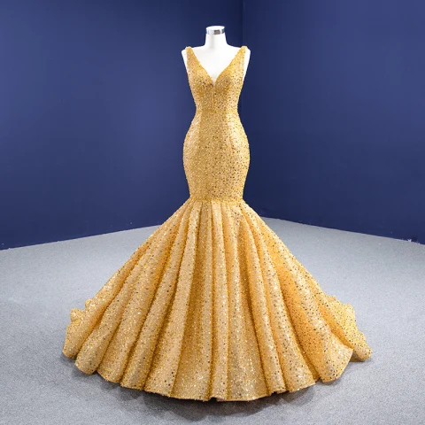 High-end Gold Wedding Dresses 2021 Trumpet / Mermaid V-Neck Beading Pearl Sequins Sleeveless Backless Sweep Train Wedding
