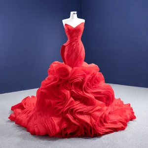 Sexy High End Rød Brudekjoler 2021 Trompet Havfrue Strapless Uten Ermer Ryggløse Gripende Ruffles Royal Train Bryllup