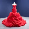 Sexy High-end Red Wedding Dresses 2021 Trumpet / Mermaid Strapless Sleeveless Backless Cascading Ruffles Royal Train Wedding