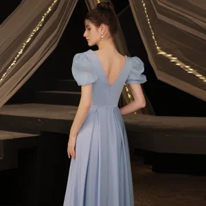 Vintage Originale Simple Bleu Ciel Satin Robe De Soirée Robe De Bal 2021 Princesse Perle Encolure Carrée Manches Courtes Dos Nu Longue Robe De Ceremonie