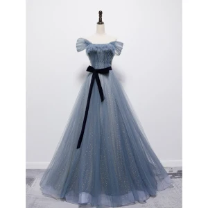 Mode Bleu Ciel Glitter Robe De Bal 2021 Princesse De L 039 Épaule Manches Courtes Dos Nu Noeud Longue Promo Robe De Ceremonie