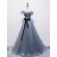 Fashion Sky Blue Glitter Prom Dresses 2021 A-Line / Princess Off-The-Shoulder Short Sleeve Backless Bow Floor-Length / Long Prom Formal Dresses