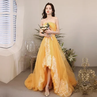 Charming High Low Orange Prom Dresses 2021 A Line Princess Strapless Lace Star Sleeveless Backless Asymmetrical Prom Formal Dresses