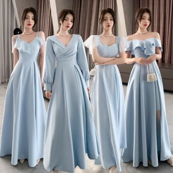 Simple Bleu Ciel Satin Robe Demoiselle D Honneur 2021 Princesse De L 039 Épaule Manches Courtes Dos Nu Longue Demoiselle D Honneur Robe Pour Mariage