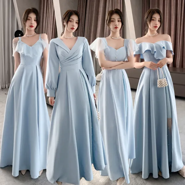 Modest / Simple Sky Blue Satin Bridesmaid Dresses 2021 A-Line / Princess Off-The-Shoulder Short Sleeve Backless Floor-Length / Long Bridesmaid Wedding Party Dresses