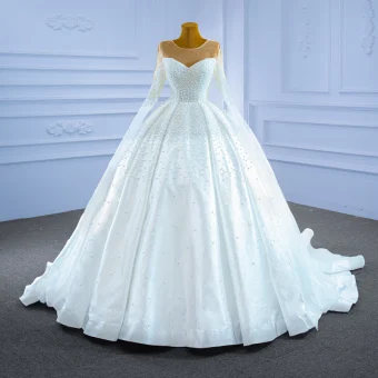 Haut De Gamme Ivoire Perlage Perle Robe De Mariée 2021 Robe Boule Encolure Dégagée Manches Longues Royal Train Mariage