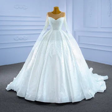 Haut De Gamme Ivoire Perlage Perle Robe De Mariée 2021 Robe Boule Encolure Dégagée Manches Longues Royal Train Mariage