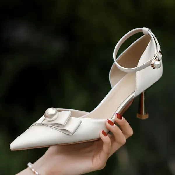 Elegant Ivory Satin Wedding Shoes 2021 Pearl Ankle Strap Bow 7 cm ...