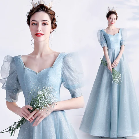 Vintage / Originale Bleu Ciel Robe De Bal 2021 Princesse Encolure Carrée Perlage Perle Paillettes 1/2 Manches Dos Nu Longue Promo Robe De Ceremonie
