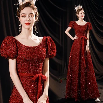 Scintillantes Vintage Originale Bordeaux Robe De Bal 2021 Princesse Perlage Paillettes Ceinture Noeud Encolure Dégagée Manches Courtes Dos Nu Longue Promo Robe De Ceremonie