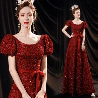 Sparkly Vintage / Retro Burgundy Prom Dresses 2021 A-Line / Princess Beading Sequins Sash Bow Scoop Neck Short Sleeve Backless Floor-Length / Long Prom Formal Dresses
