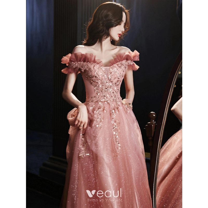 Off the shoulder pink prom dress 2025