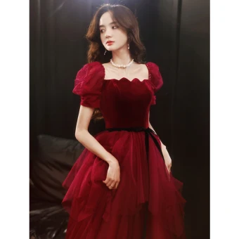 Élégant Bordeaux Daim Robe De Bal 2021 Princesse Encolure Carrée Manches Courtes Dos Nu Noeud Ceinture Longue Promo Robe De Ceremonie