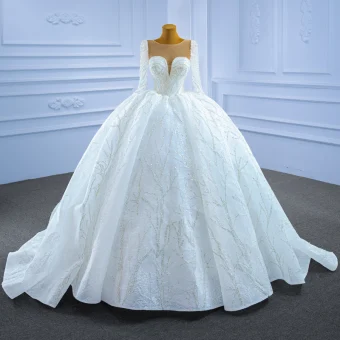 Haut De Gamme Luxe Ivoire Perlage Cristal Paillettes Robe De Mariée 2021 Robe Boule Encolure Dégagée 3 4 Manches Cathedral Train Mariage