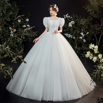 Victorian Style Vintage Retro Ivory Lace Flower Wedding Dresses 2021 A Line Princess Square Neckline Short Sleeve Backless Court Train Wedding