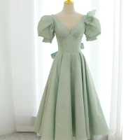 Vintage / Retro Sage Green Prom Dresses A-Line / Princess 2021 Scoop Neck Puffy Short Sleeve Backless Bow Tea-length Prom Formal Dresses