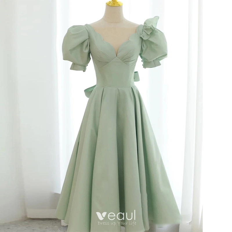 Vintage Retro Sage Green Prom Dresses A-Line Princess 2021 Scoop Neck Puffy Short Sleeve
