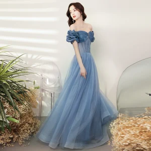 Charmant Océan Bleu Robe De Soirée Robe De Bal 2021 Princesse De L 039 Épaule Perlage Manches Courtes Dos Nu Promo Longue Robe De Ceremonie