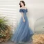Charming Ocean Blue Evening Dresses  Prom Dresses 2021 A-Line / Princess Off-The-Shoulder Beading Short Sleeve Backless Prom Floor-Length / Long Formal Dresses