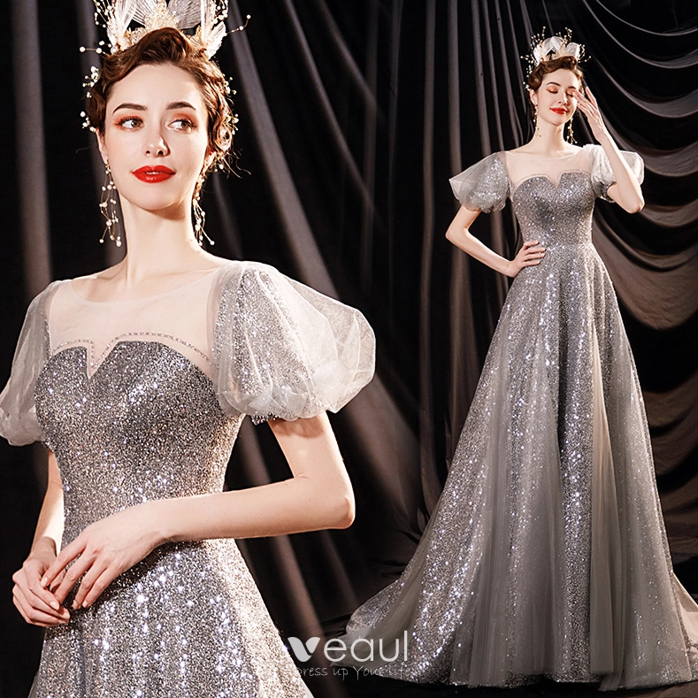 Vintage Retro Sparkly Silver Glitter Sequins Evening Dresses Prom Dresses 2021 A Line Princess Scoop Neck Puffy Short Sleeve Backless Floor Length Long Formal Dresses