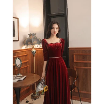 Charmant Bordeaux Suede Avondjurken 2021 A Lijn Vierkante Halslijn Rhinestone 1 2 Mouwen Ruglooze Strik Lange Avond Gelegenheid Jurken