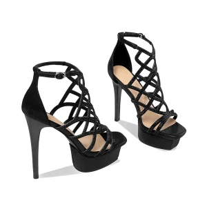 Sexy Noire Club De Carnaval Faux Diamant Sandales Femme 2021 Cuir 12 Cm Talons Aiguilles Peep Toes Bout Ouvert Sandales Talons Hauts