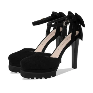 Mode Svarta Afton Mocka Sandaler Dam 2021 Läder Ankelband Rosett 11 Cm Tjocka Klackar Pande Zote Toe Sandaler Högklackade
