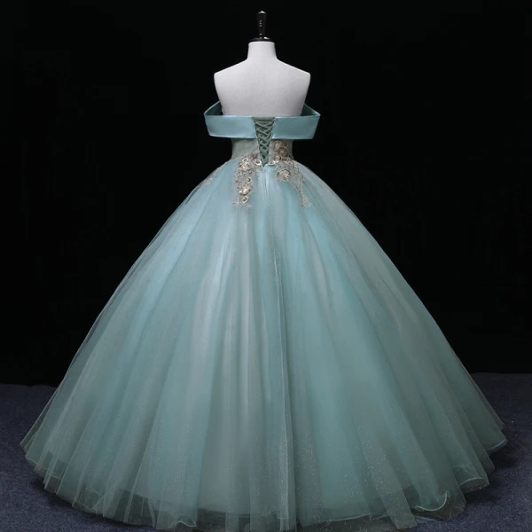Elegant Mint Green Lace Flower Sequins Formal Dresses 2022 Ball Gown Off-The-Shoulder Sleeveless Backless Floor-Length / Long Prom Dresses