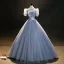 Bling Bling Sky Blue Beading Star Sequins Prom Dresses 2023 Ball Gown High Neck Short Sleeve Backless Floor-Length / Long Prom Formal Dresses