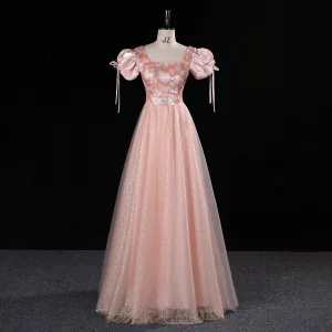 Chic Belle Rougissant Rose Perlage Paillettes Robe De Bal 2023 Princesse Encolure Carrée Gonflée Manches Courtes Dos Nu Longue Promo Robe De Ceremonie