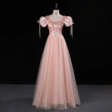Chic Beautiful Blushing Pink Beading Sequins Prom Dresses 2023 A Line Princess Square Neckline Puffy Short Sleeve Backless Floor Length Long Prom Formal Dresses