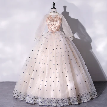 Elegant Champagne Prom Dresses 2022 Ball Gown Scoop Neck Star Lace Beading Pearl Sequins Long Sleeve Floor Length Long Formal Dresses