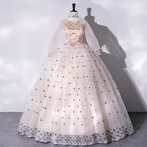Elegant Champagne Prom Dresses 2022 Ball Gown Scoop Neck Star Lace Beading Pearl Sequins Long Sleeve Floor Length Long Formal Dresses