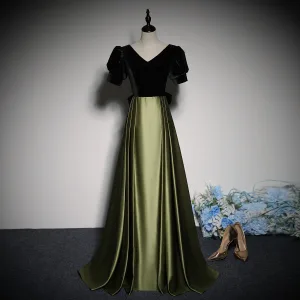 Vintage Originale Vert Foncé Velours Robe De Bal 2023 Princesse V Cou Manches Courtes Dos Nu Noeud Longue Promo Robe De Ceremonie