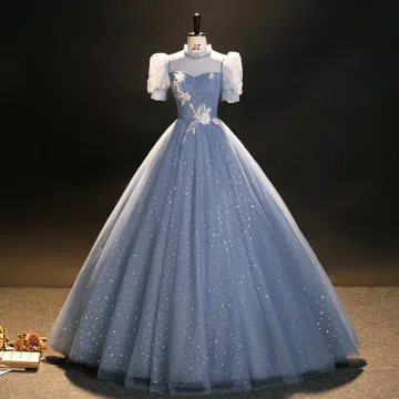 Élégant Bling Bling Bleu Ciel Perlage Étoile Paillettes Robe De Bal 2023 Robe Boule Col Haut Manches Courtes Dos Nu Longue Robe De Ceremonie