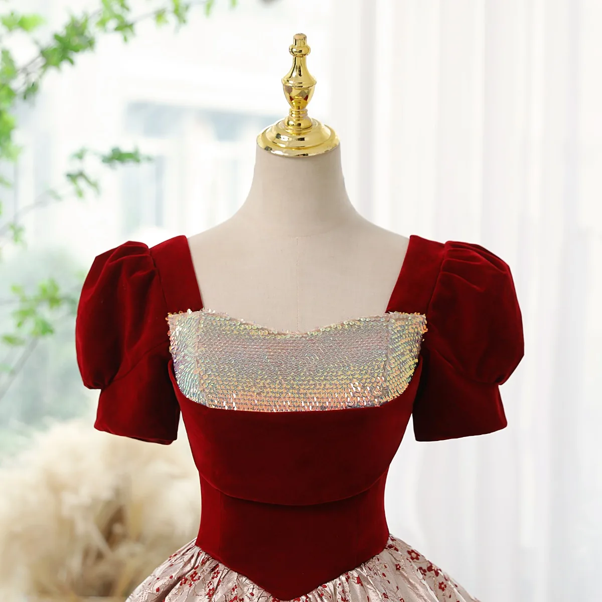 Elegant Burgundy Printing Prom Dresses 2023 Ball Gown Square Neckline Sequins Short Long Elegant Burgundy Printing Prom Dresses 2023 Ball Gown Square Neckline Sequins Short Long
