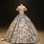 Elegant Champagne Printing Prom Dresses 2023 Ball Gown Off-The-Shoulder Short Sleeve Backless Floor-Length / Long Formal Dresses