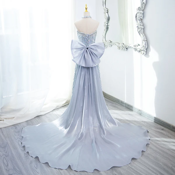 Scintillantes Sexy Argenté Perlage Perle Paillettes Robe De Soirée 2024 Trompette / Sirène Bustier Sans Manches Dos Nu Noeud Longue Soirée