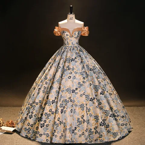 Vintage Beige Drucken Ballkleider 2023 Ballkleid Off Shoulder Kurze Ärmel Rückenfreies Lange Ball Festliche Kleider