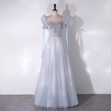Hermoso Azul Cielo Glitter Rhinestone Vestidos De Gala 2024 A Line Princess Scoop Escote Manga Corta Sin Espalda Largos Gala Vestidos Formales