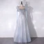 Chic / Beautiful Sky Blue Glitter Rhinestone Prom Dresses 2024 A-Line / Princess Scoop Neck Short Sleeve Backless Floor-Length / Long Prom Formal Dresses