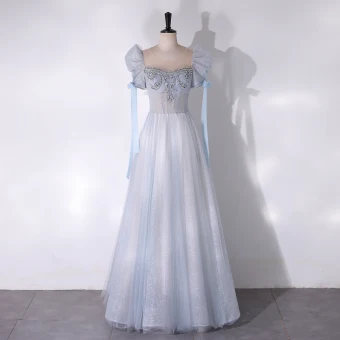 Chic Beautiful Sky Blue Glitter Rhinestone Prom Dresses 2024 A Line Princess Scoop Neck Short Sleeve Backless Floor Length Long Prom Formal Dresses